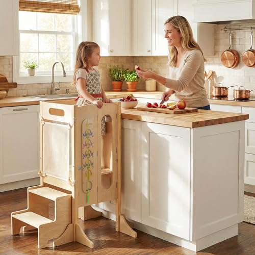 Image of Costzon Toddler Step Stool, 4-in-1 Foldable Standing Tower with Built-in Chalkboard & Detachable Safety Net, Montessori Games, Anti-tip Feet, Wooden Kitchen Kids Helper for Boys & Girls Aged 3+