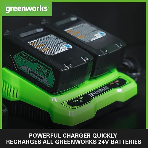 Greenworks 24V Batteries and Dual Slot Charger - Two 2Ah Powerful Lithium-Ion Batteries - Suitable for All 24V Garden and Power Tools - GSK24B2X