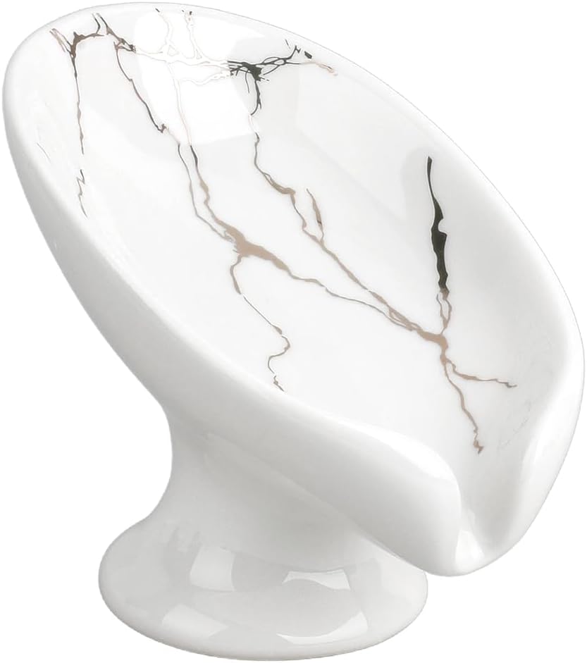 WADORN Soap Dish, Leaf-Shape Self Draining Soap Dish Holder Bar Soap Holder White and Gold Marble Pattern Ceramic Draining Soaps Tray Porcelain Decorative Soaps Dishes for Sink Bathroom Shower Kitchen