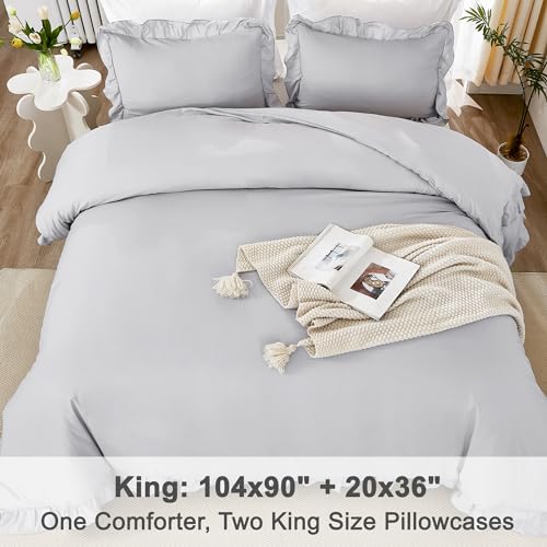 Image of Litanika Light Grey King Size Comforter Set, 3 Pieces Ruffle Farmhouse Aesthetic Bedding Comforter Set, All Season Soft Lightweight Fluffy Microfiber Bed Set(104x90In Comforter, 2 Pillowcases)