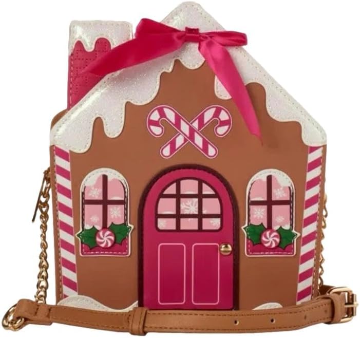 Betsey Johnson XO Holiday Kitsch Christmas Gingerbread House W/Sparkle Snow, Quilted Chimney, Candy Canes, 3D Mint Candies, Snowflakes and Pink Bow Detail Adjustable Strap Crossbody Handbag - Image 8