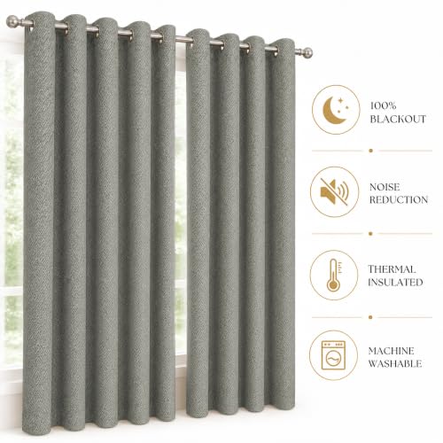 Image of LINENWALAS 100% Blackout Curtains for Long Door (9 Feet) - Set of 2 Panels, Herringbone Linen Texture Complete Light Block, Thermal Insulated & Noise Reducing Room Darkening Drapes (Light Grey)