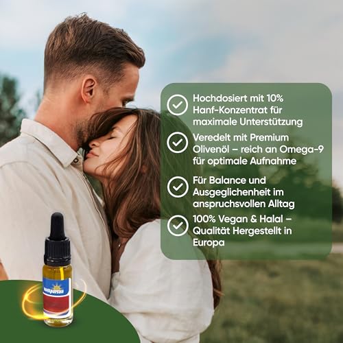 Wellpursan Hanföl 10% (10ml) – Hochwertiges Hanföl für Wohlbefinden & Entspannung – vegan & natürlich - Niederländisches Qualitätsprodukt auf Olivenöl Basis - Natürlich & Vegan