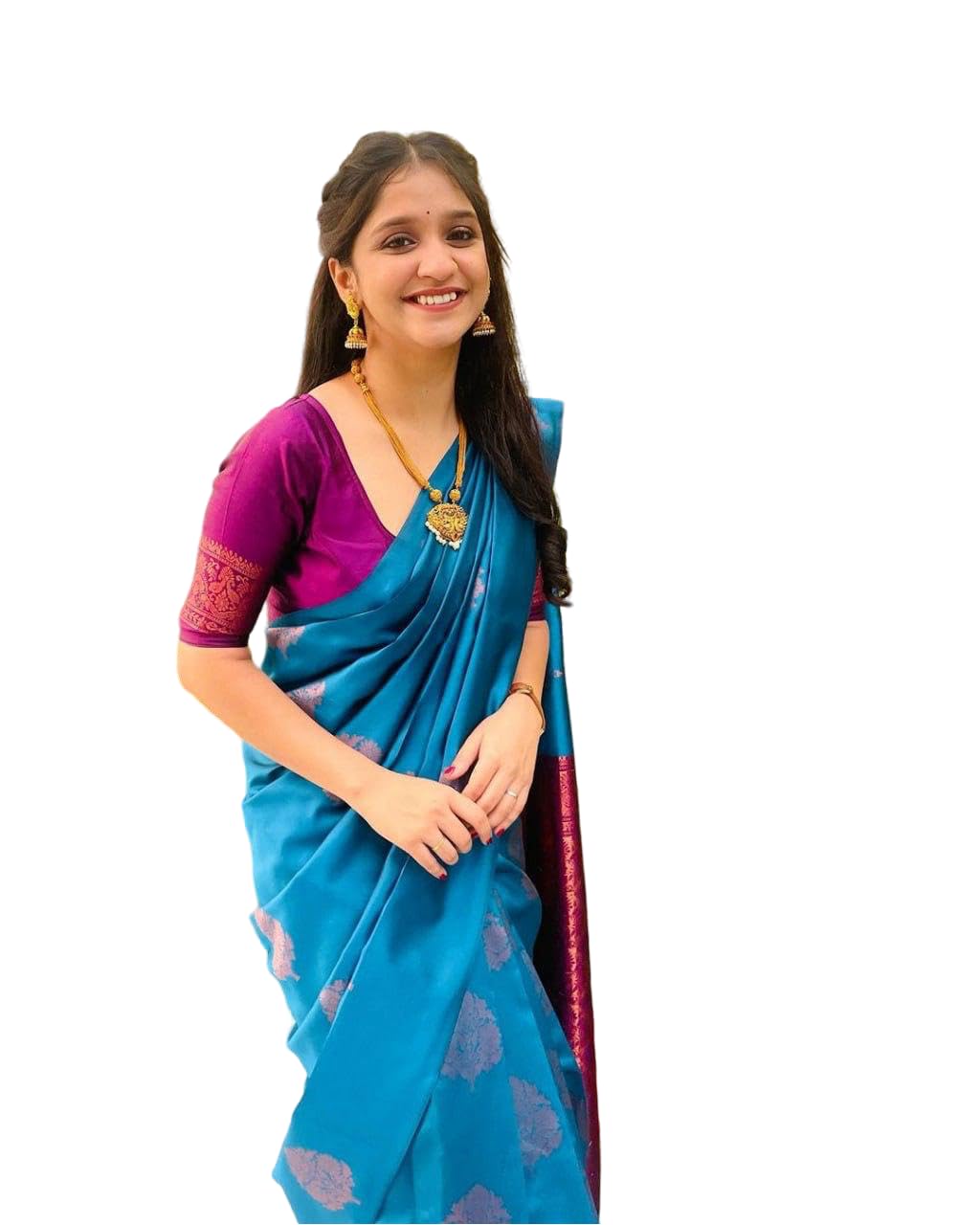 Flosive Women's Kanjivaram Pure Zari Woven Soft Silk Saree With Blouse Piece And Gold Zari Boder (Blue)
