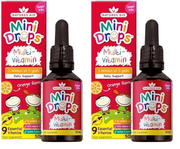 Natures Aid Sugar-Free Mini Drops Multi-Vitamin | 50ml | For Infants & Children Aged 3 Months to 5 Years | Daily Support | Orange Flavour | 9 Essential Vitamins (Pack of 2) 50 ml (Pack of 2)
