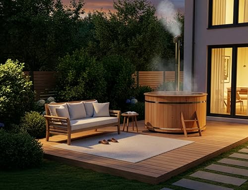 FinnTherm Holz Badefass Bergen, Hot Tub Ø 180 x 110 cm, inkl. Edelstahl- Ofen 22 kW und Einstiegsleiter, 5- 6 Personen, Schwimmbecken, Badebottich, Sprudelbad-5