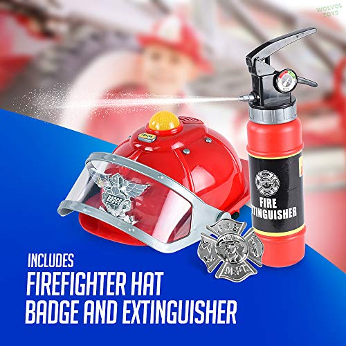 WolVol Firefighter Hat with Lights and Sirens - Well-Made Plastic Costume Hat with Badge & Extinguisher - Aids Kinesthetic Learning & Development for Boys & Girls - Thumbnail 4