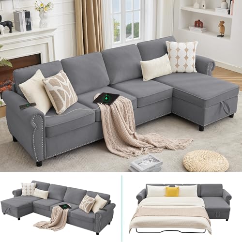 Image of ERYE L-Shaped Reversible Sectional Sofa with Pull Out Queen Memory Mattress Sleeper Bed, 2-in-1 L-Shaped Corner Sectional Couches W /Wireless Charging, Storage Chaise Lounge