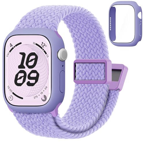 Braided Magnetic Clasp Band with Case for Kids Apple Watch 38/40/41/42/44/45mm Nylon Elastic Strap and Protective Cover with Tempered Glass Compatible with iWatch Series 9 8 7 6 5 4 3 2 1 SE3 SE2 SE