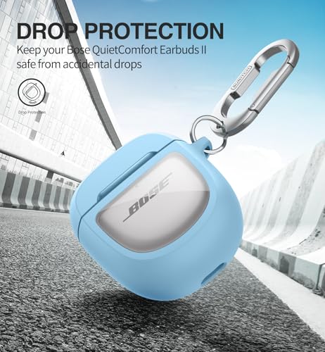 Image of SURITCH Clear Case for Bose QuietComfort Earbuds II 2022 /QuietComfort Ultra 2023 Cover, Full-body Shockproof TPU Protective Case with Carabiner & Key Ring & Transparent Logo Window(Blue)