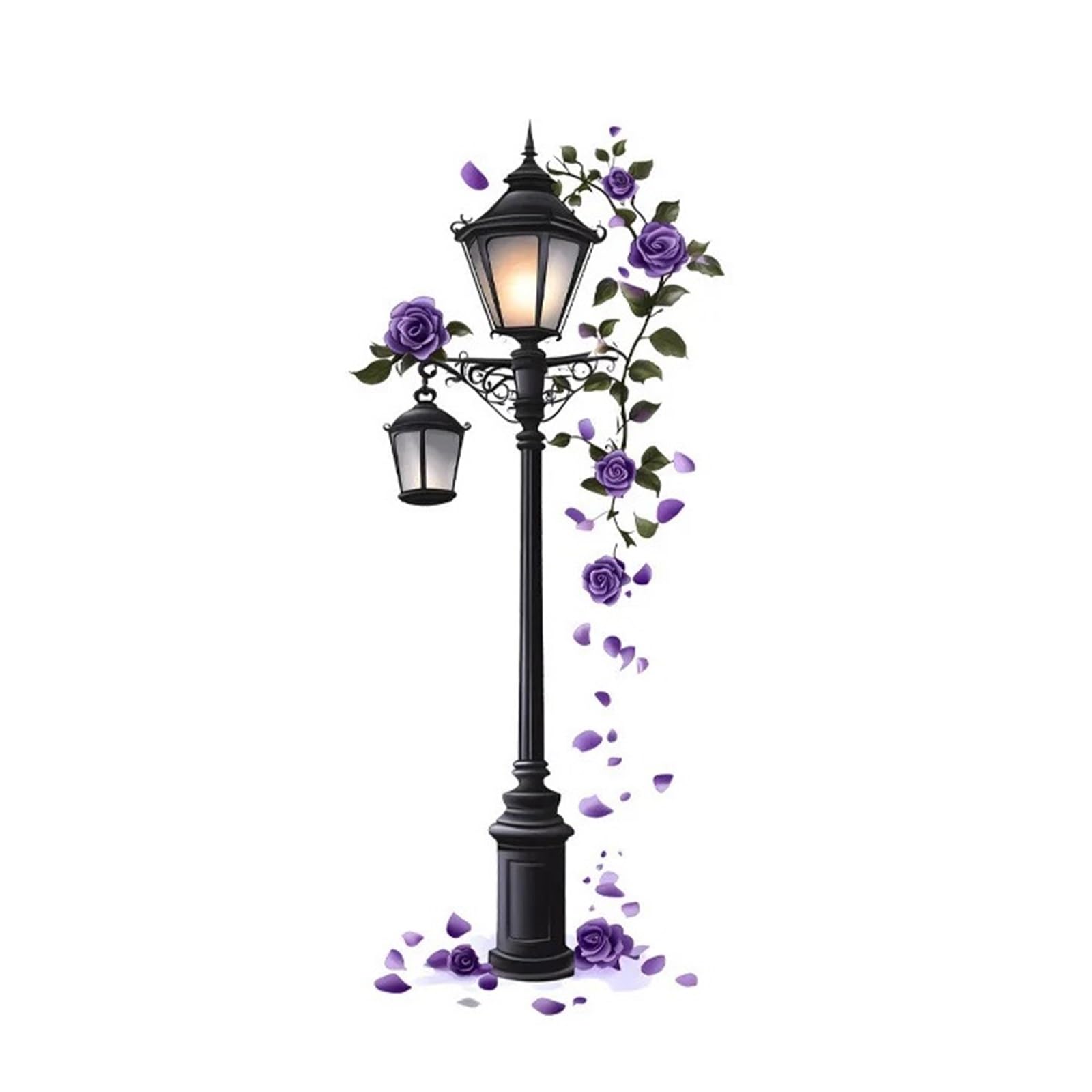 Flower Wall Stickers Purple Rose Street Lamp Wall Decal - Floral Sticker with Realistic Detail, Self-Adhesive & Easy to Apply