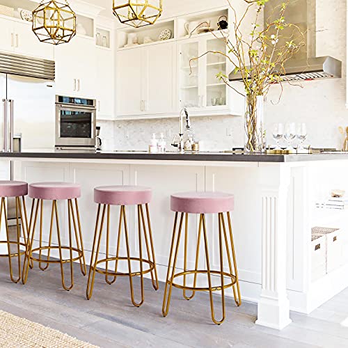 Yaheetech Round Kitchen Counter Stool Home Bar Height Stools With Golden Hairpin Legs Upholstered Velvet Seat For Kitchen/Dining Room Pink, Set Of 2 (Package 1) #TOP1
