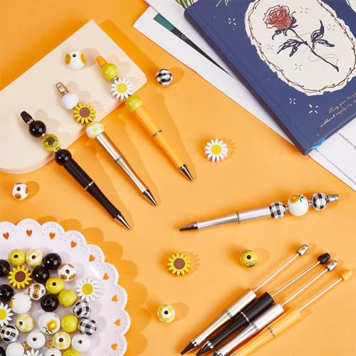 SUNNYCLUE DIY 12 Set Beadable Pens with Sunflower Focal Beads, Flower Printed Wood Beads - Image 4