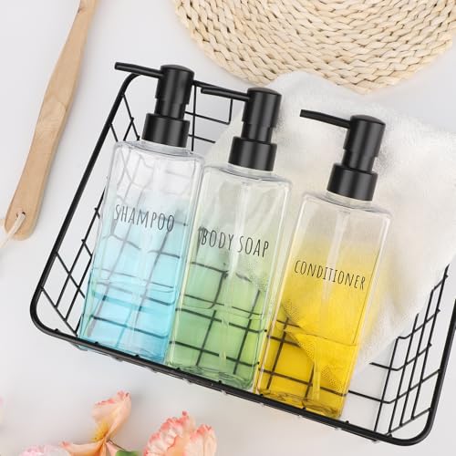 Image of Segbeauty Clear Soap and Lotion Dispenser Set, Pack of 3 16.9oz Refillable Shampoo and Conditioner Dispenser, 500ml Plastic Square Modern Soap Dispenser Bathroom, Shampoo Bottles Refillable with Pump