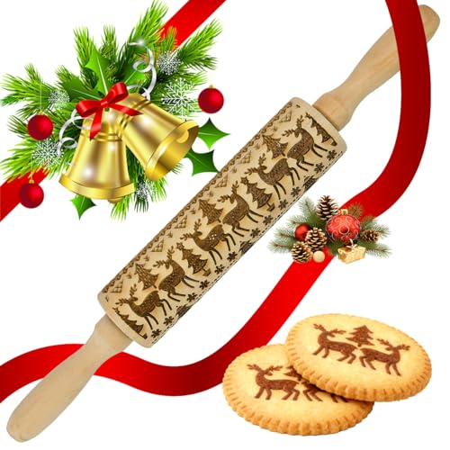 VGECEE Teigroller Weihnachten Nudelholz mit Muster Präge Nudelholz 35cm*4.5cm Teigrolle Muster Prägerolle Weihnachten Plätzchenrolle Spekulatiusroller Wooden...