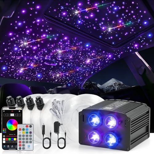 Image of Car Starlight Headliner Kit, 4 Colors 32W Twinkle & Meteor Fiber Optic Ceiling Lights, 2 in 1 Light Engine 900pcs*0.03in*13.1ft+240 RGBW Shooting Stars Lights for Car Roof Decor