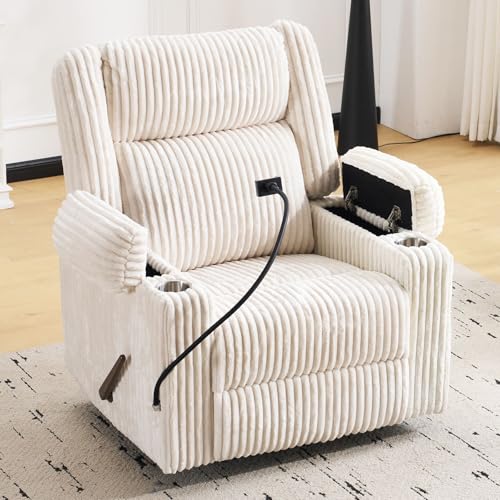 Image of Oversized Manual Recliner Chair with Arm Storage,Swivel Rocker Recliner Chair for Adults with Adjustable Headrest,Nursery Glider Recliner with Phone Stand and Side Pockets for Living Room,Beige