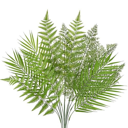 DILATATA 12PCS Artificial Palm Leaves Stems Tropical Faux Fern Foliage Greenery Picks Fake Palm Plants for Vase Wedding Bouquets Home Garden Indoor Outdoor DIY Decor-Mixed