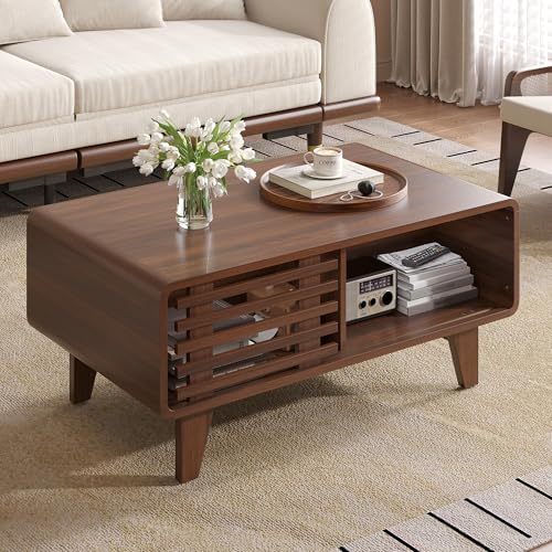 Luoxiao Mesa de centro moderna de madera de mediados de siglo con almacenamiento, puerta corrediza de listones, mesa auxiliar rectangular de granja, mesa de centro minimalista escandinava, mesa de