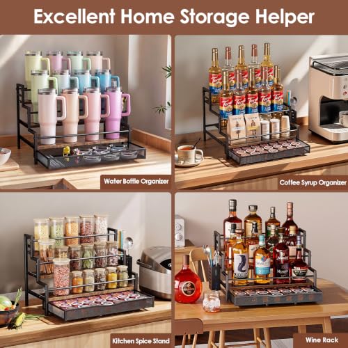 Image of Water Bottle Organizer for Full 40 oz Stanley with Handle, Black | 3 Tier Stanley Cup Organizer, 12 Bottles Capacity, Rustic Countertop Display Shelf, For Coffee Bar, Cabinet, Countertop