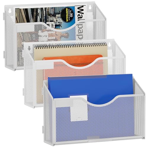 EasyPAG 3 Pocket Landscape Assemble A4 Mesh Wall Organiser Hanging Wall Mounted File Holder Mail Organiser Magazine Storage,Pack of 3,White