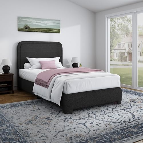 Image of BarnFurin Twin Bed Frame, Cloud Boucle Headboard, Rounded Corners, Black