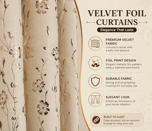 Image of Velvet Golden Foil Flower Pattern Curtains 7 Feet Long Pack of 1, Cream