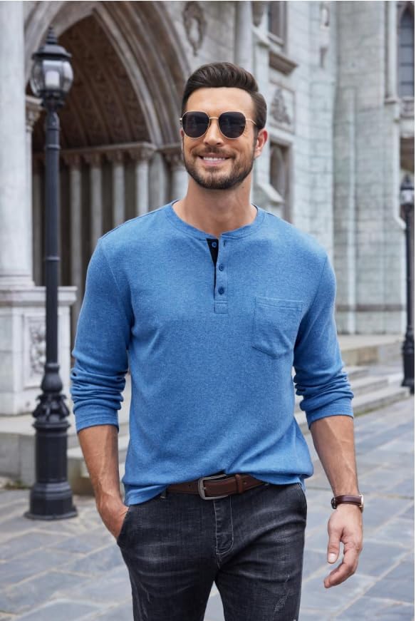 COOFANDY Men Long Sleeve Henley Shirs Casual Basic T Shirts Soild Button Tees with Pockets - Image 2