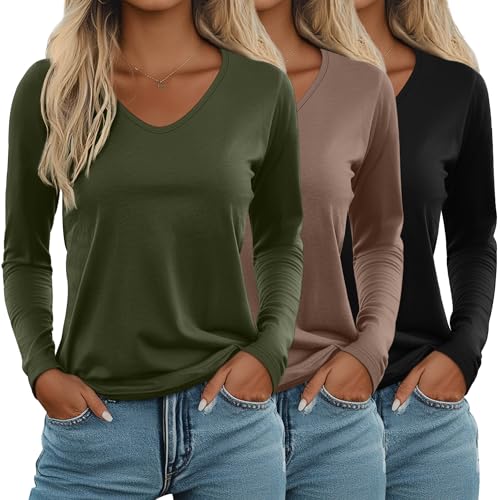 Ficerd 3 Pack Women's Long Sleeve T Shirts, V Neck Basic Tops Fall Casual Trendy Tees Loose Fit Soft Clothes Outfits