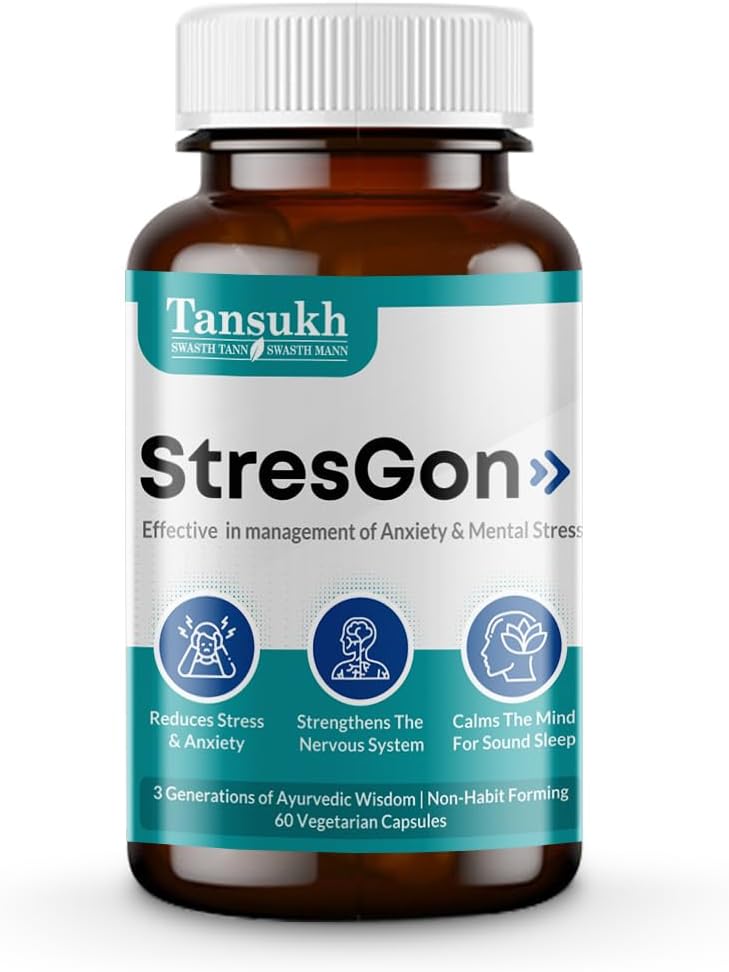 StresGon 60 Capsules 500mg | Reduces Anxiety | Helps in Stress Management | 100% Ayurvedic Herbal Supplement | Vegeterian Capsules