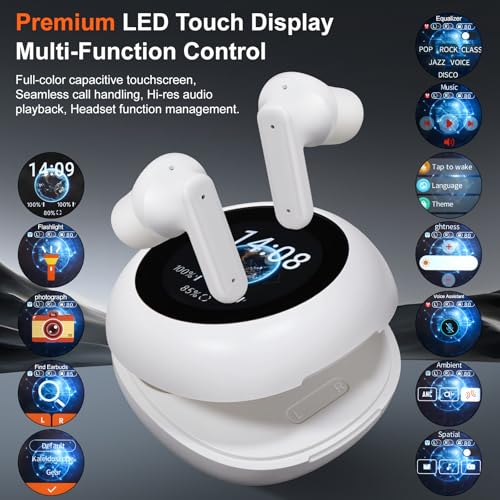 Image of Wireless Earbuds, ANC /ENC Noise Cancelling Earbuds with Touch Screen, Bluetooth 5.4 Ear Buds with LED Charging Case, 40H Stereo Sound, IPX7 Waterproof Earphones with 6 EQ Modes for iOS Android (White)