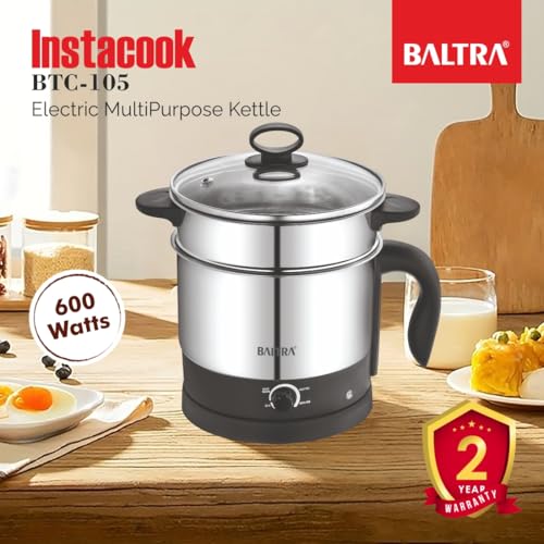 Image of BALTRA Multi-Kettle 1.2L Instacook | Adjustable Power Modes 600 W | 7 - Egg Tray, Idli Maker and Steamer | Stainless Steel | Automatic Overheat Protection | Multipurpose Kettle, 2 Year Warranty