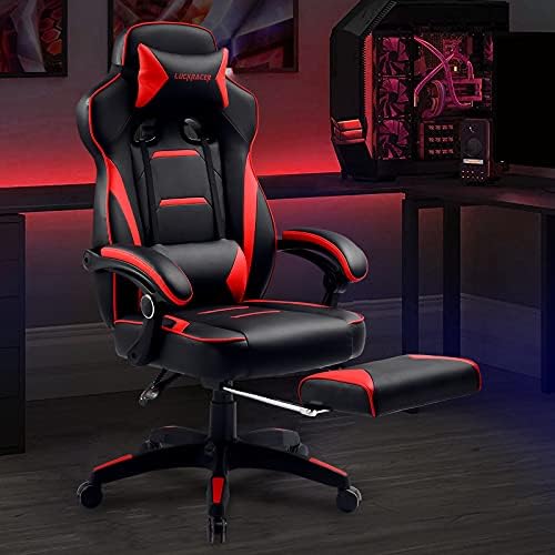 Luckracer Gaming Chair with Footrest Workplace Desk Chair Pu Leather-based Excessive Again Adjustable Swivel Lumbar Assist Reclining Ergonomic Players Chair with Footrest Pink
