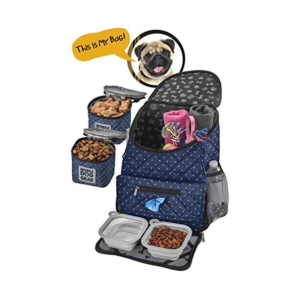 Mobile Dog Gear Dog Travel Bag - Deluxe Quilted Weekender Backpack with Food Carriers and Collapsible Bowls