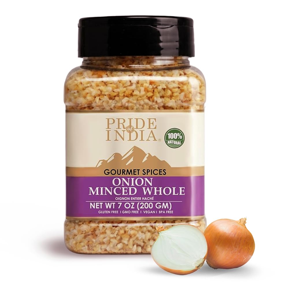 Pride of India- Minced Onion 7 oz (200 gm)- Ready to Use Fresh Onion- Time Saving Sweet & Salty Flavoured Ingredient- For Ramen, Soups, Meatballs, Marinades, Sauces- Gluten Free, Vegan, Non-GMO