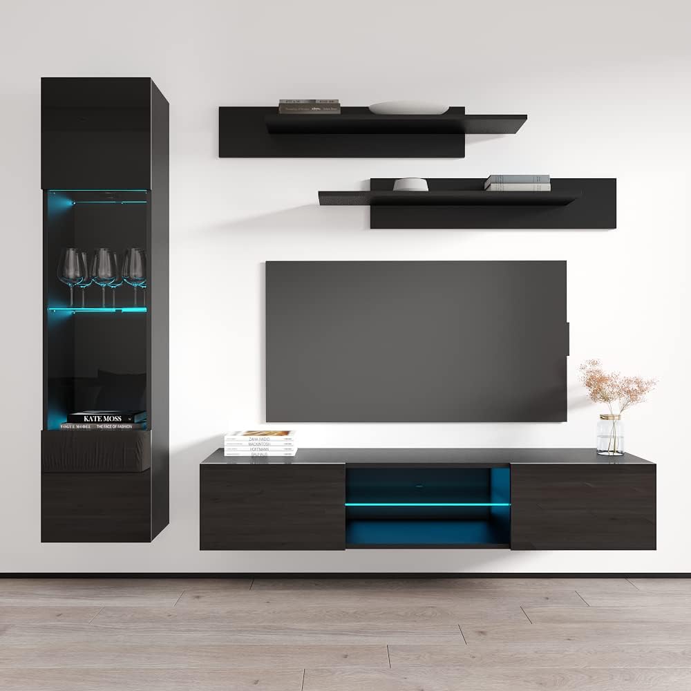 Meble Furniture Fly G3 33TV Stand Wall-Mounted Entertainment Center — Floating Modern Console with Storage Shelves and LED Lights, 59.1" W x 13.8" D x 19.7" H — Black