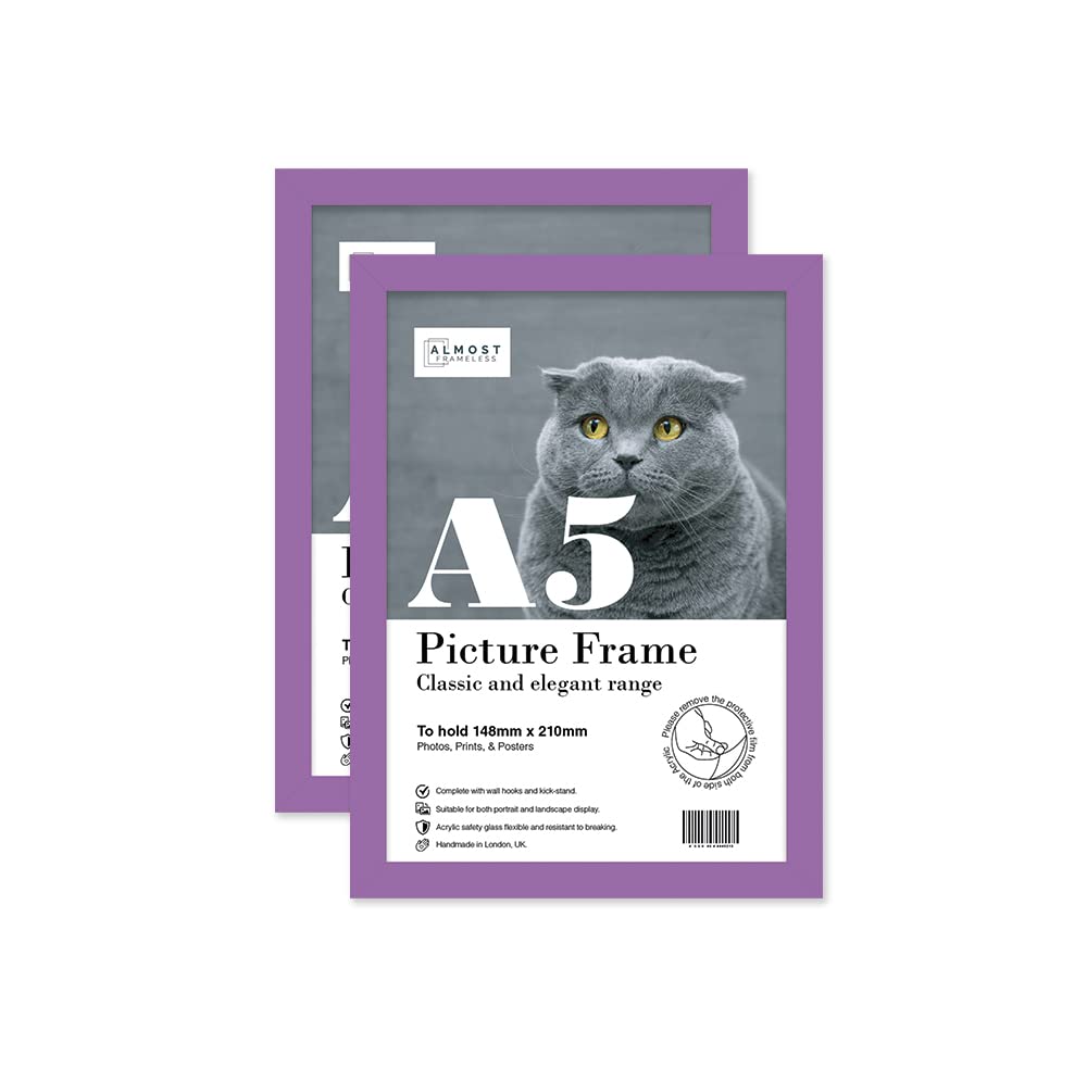 Almost Frameless A5 Purple Picture Frame Set of 2, Display A5 Picture Gallery Wall, Poster, Photo, Artwork, or Print, Purple