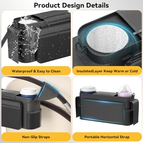 KDD Universal Stroller Organizer with Insulated Cup Holder, Stroller Bag Caddy with Detachable Wristlet Pocket & Shoulder Strap, Stroller Accessories Fits Uppababy, Doona, Nuna, Baby Jogger, Britax