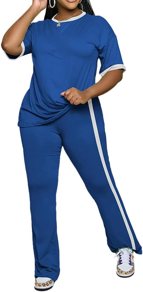 PINSV 2 Piece Sets for Women Summer Casual Short Sleeve Top and Flare Pants Lounge Sets - Image 2