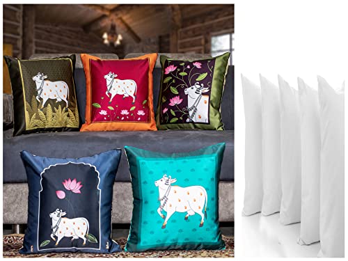Image of Rajasthani Satin 250TC Cushion Pillow Covers, Multicolour, Set of 5 (16X16 Inches with Fillers, Cattle)