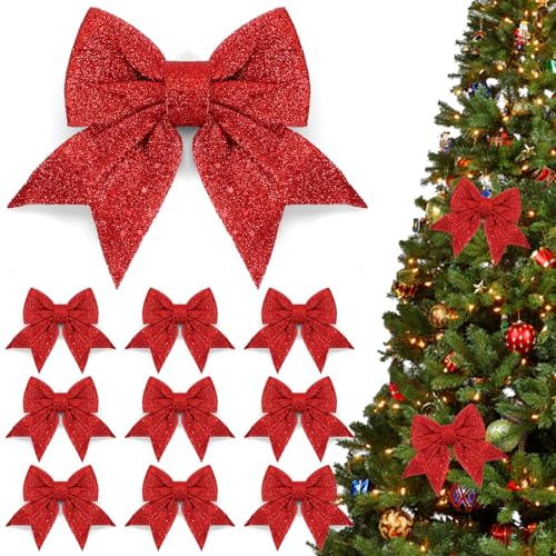 10 Stück Rot Weihnachtsschleifen, Glitzer Weihnachtsbaum Schleifen,...