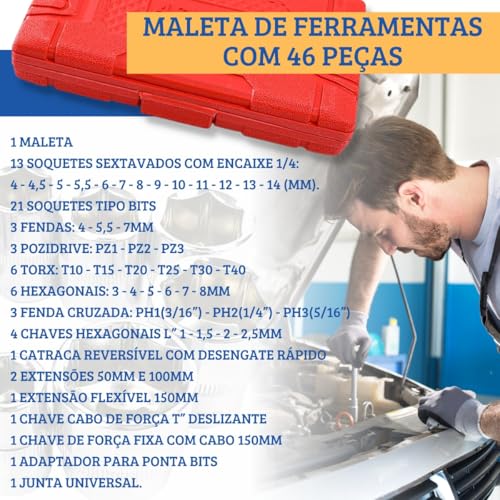 Conjunto com 46 chaves catraca, soquete de 6,35 mm, com conjunto de soquete métrico e haste de exten