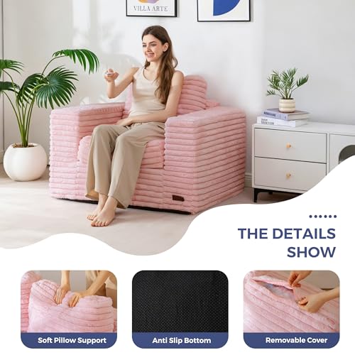 Image of MAXYOYO Bean Bag Chair with Pillows, Floor Sofa with Armrests and Support, Plush Foam Filled Lounge Chair for Adults, Cozy Bean Bag Couch for Living Room, Bedroom, Apartment, Pink