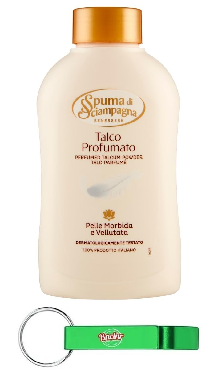 24x Spuma di Sciampagna Benessere Talco Profumato - Pelle Morbida e Vellutata 200g + Portachiavi Beni Culinari in Omaggio