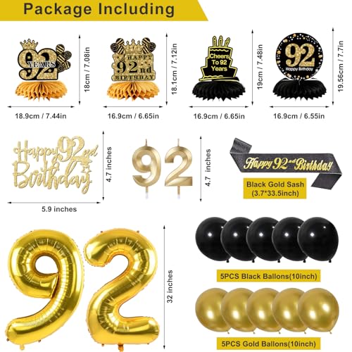 Image of 92nd Birthday Decorations for Men, Black Gold 92nd Party Decorations | 27pcs Happy 92nd Birthdays Set: Banner, Honeycomb, Balloons, Gold Number, Candle, Hanging Swirls, Cake Topper, Party Supplies