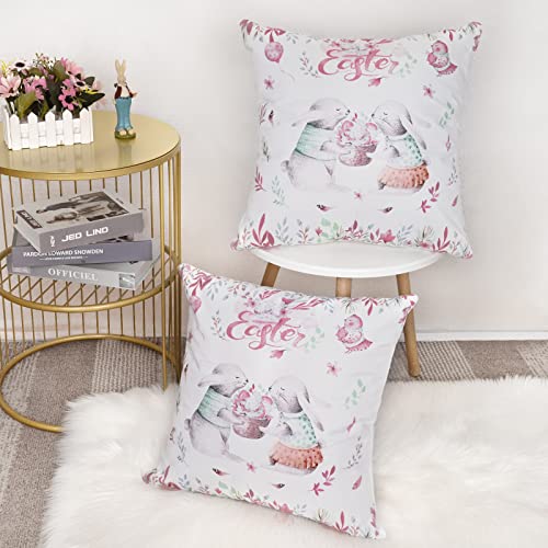 Easter Bunny Spring Throw Pillow Covers, 18 X 18 Inch, Set Of 2, Colorful Eggs Leaves Pillow Cases, Rabbits Farmhouse Decorative Cushion Case Home Holiday Decorations For Sofa Couch #TOP3