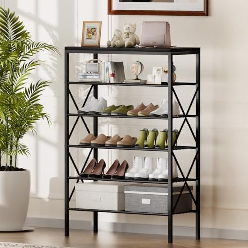 Image of 6 Tiers Shoe Rack, Large Capacity Shoe Rack Holds 32 Pairs of Shoes, Durable and Stable, Adjustable Metal Shelf Stackable Shoe Shelf for Entryway, Hallway, Living Room, Closet