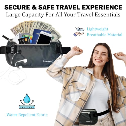 Image of RFID Blocking Passport Holder Travel Pouch for Men & Women - Hidden Money Belt with Anti-Theft Locking Zipper, Slim Waterproof Waist Wallet for Cash, Credit Cards, Passport & Travel Documents, Grey