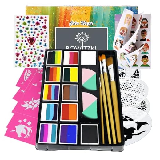 Bowitzki Professional Face Painting Kit for Kids Adults 12 x 10gm Face Paint Set with Stencil One Stroke Split Cakes Palette Non Toxic Rainbow Flora Dolphin Unicorn Flame Body Paint Makeup