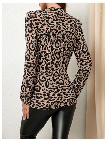 Floerns Women's Cheetah Print V Neck Blazers Zip Up Long Sleeve Jacket Coat3
